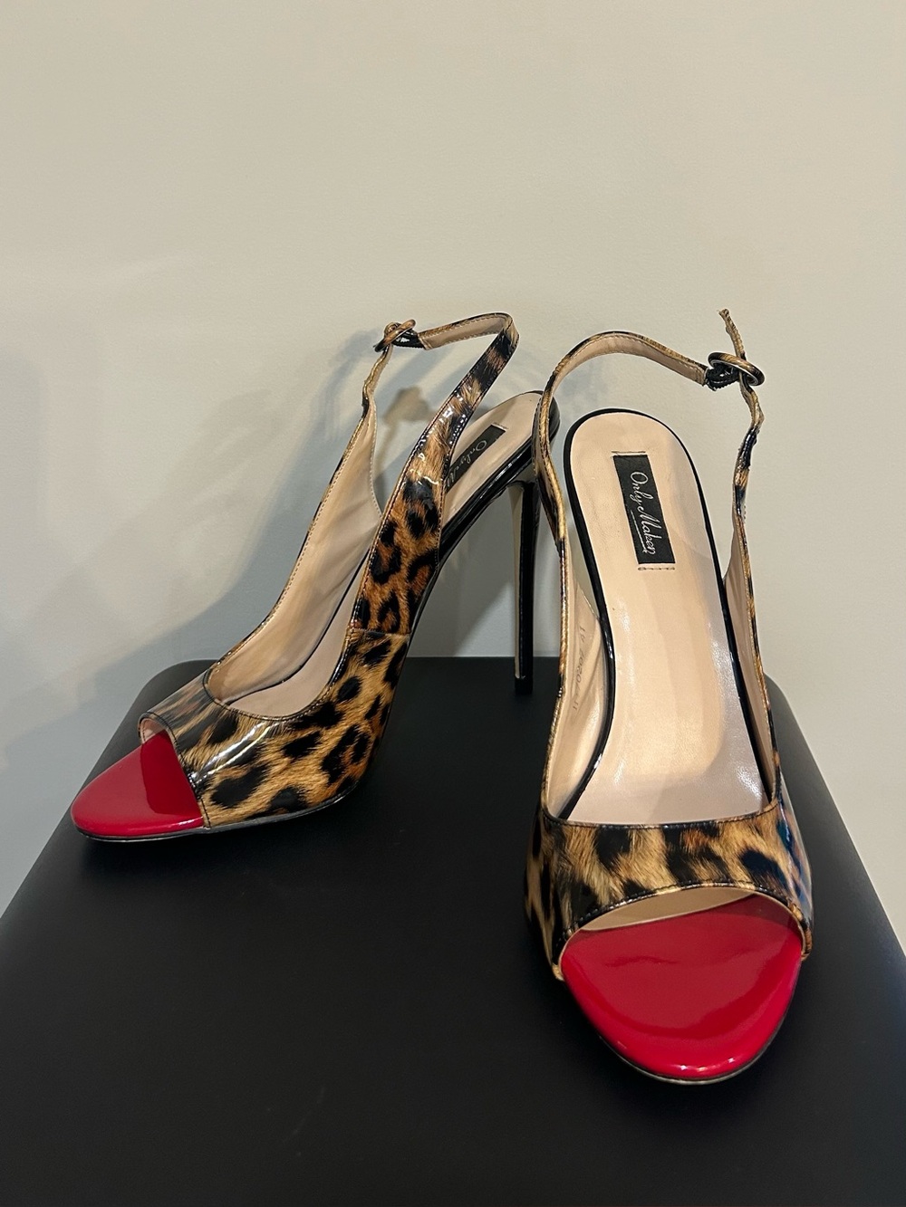 Leopard Print Slingback Heels with Red Toe by